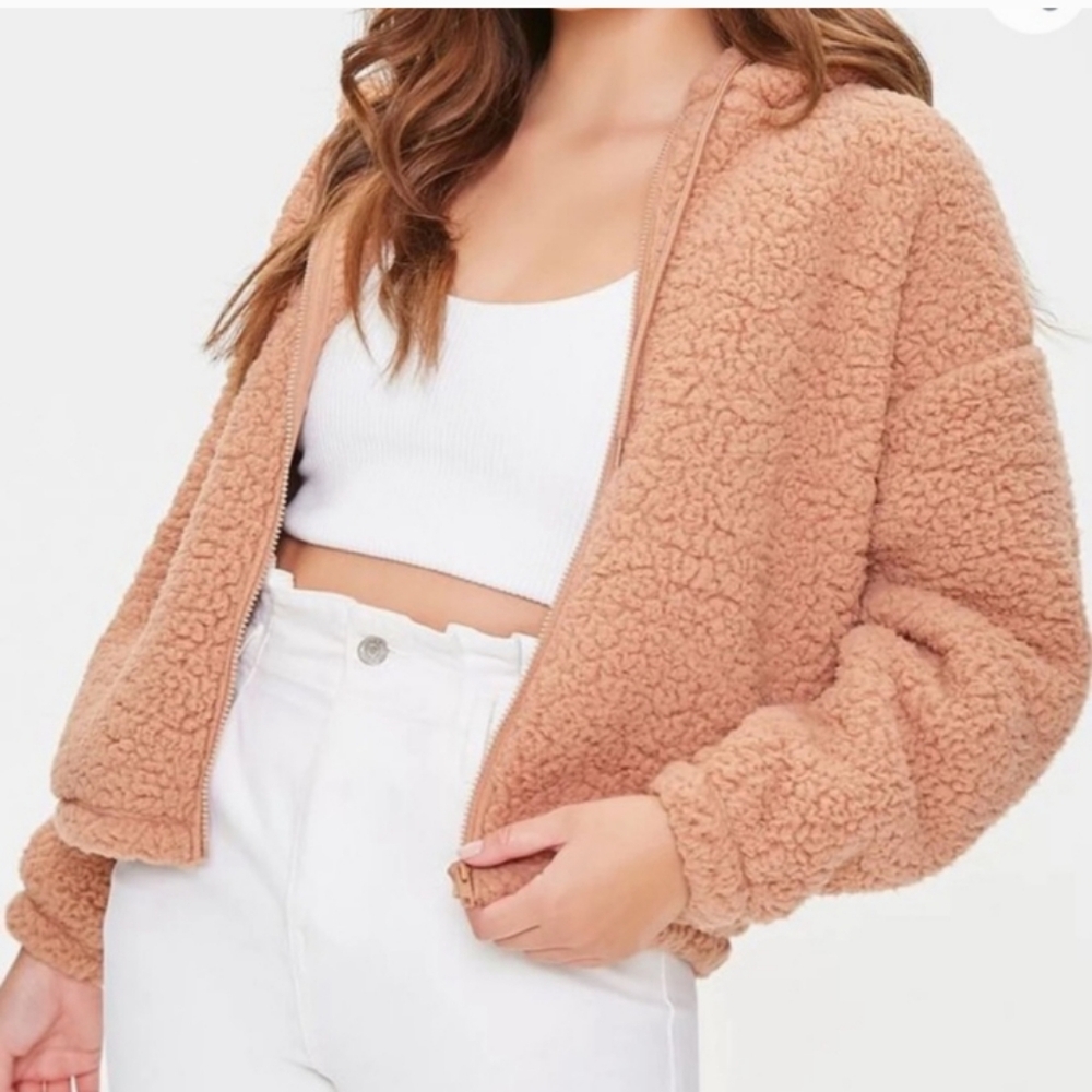 Forever 21 Taupe Sherpa Teddy Zip Up Hoodie Jacket Size Small NWT
